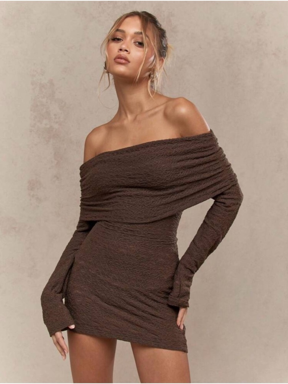 Off-Shoulder Chocolate Brown Bodycon Mini Dress